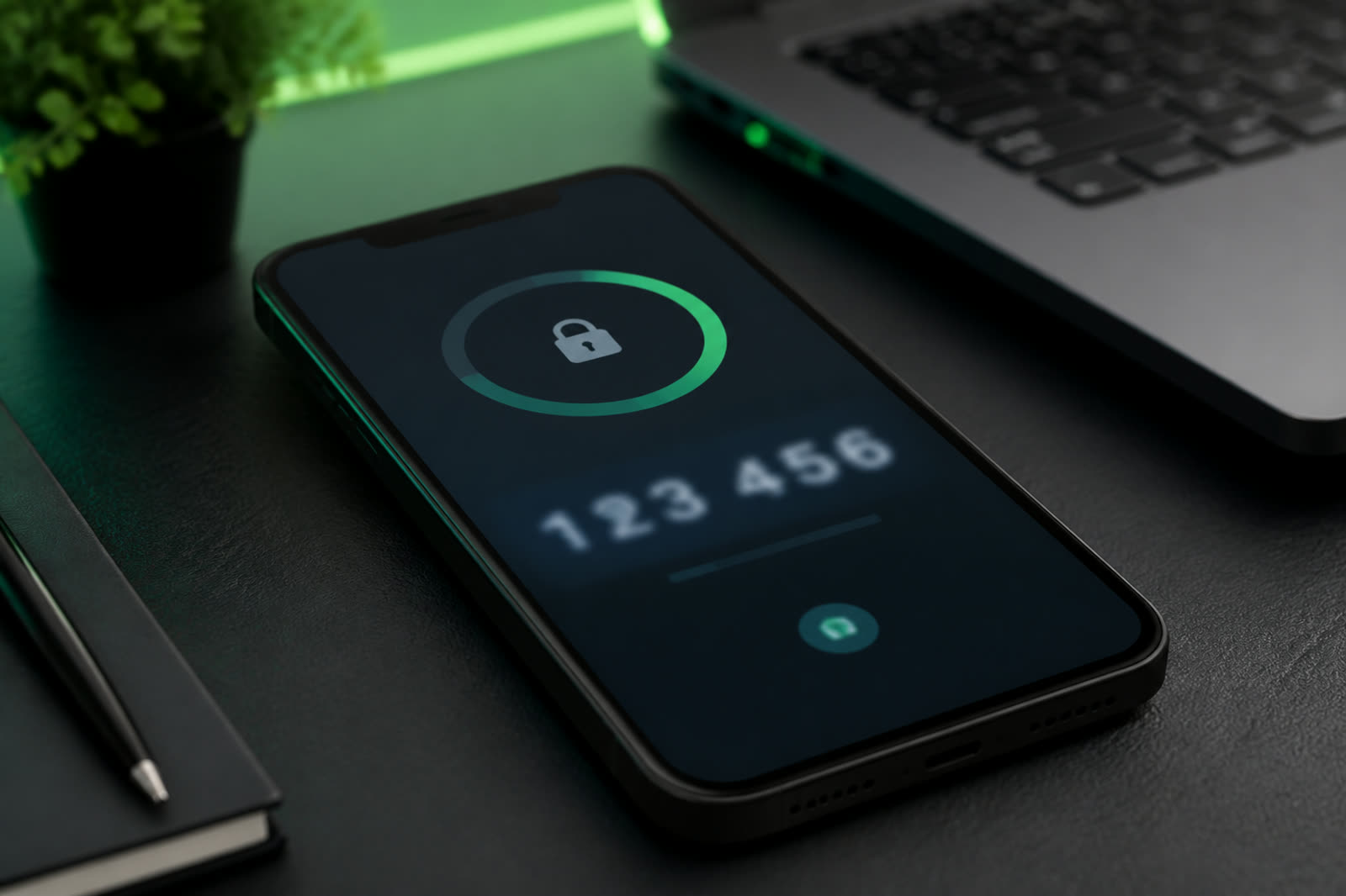 Phone showing an authenticator code on a dark desk