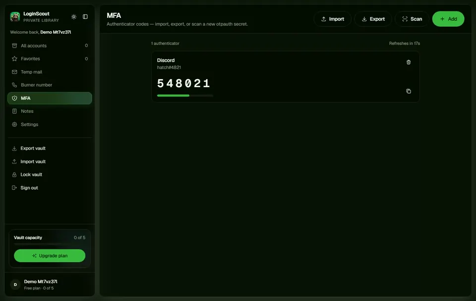 LoginScout authenticator setup screen