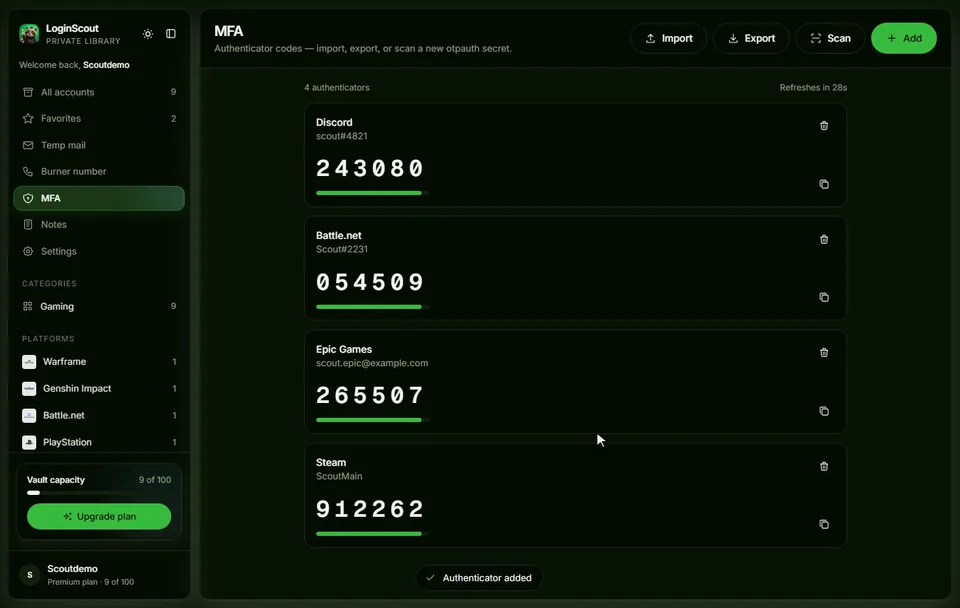 LoginScout authenticator setup screen